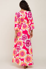 Fuchsia Floral Wrap V-Neck Side Slit Maternity Maxi Dress