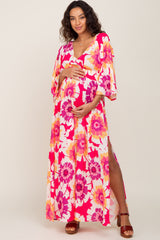 Fuchsia Floral Wrap V-Neck Side Slit Maternity Maxi Dress