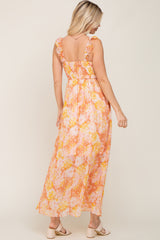 Peach Floral Ruffle Shimmer Maxi Dress