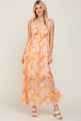 Peach Floral Ruffle Shimmer Maxi Dress