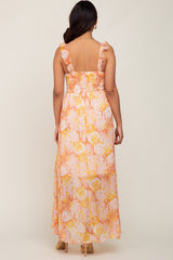 Peach Floral Ruffle Shimmer Maternity Maxi Dress