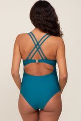 Teal Ruched Side Strappy Cross Back Maternity One Piece Swimsuit