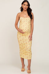 Yellow Mesh Ruched Maternity Fitted Dress