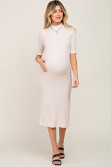 Cream Ribbed Mock Neck Maternity Midi Dress