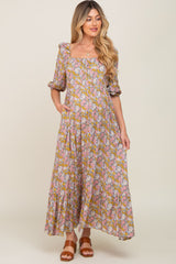 Blue Print Floral Puff Sleeve Maternity Midi Dress