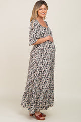 Black Floral Puff Sleeve Maternity Midi Dress