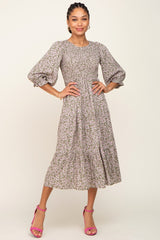 Olive Floral Smocked 3/4 Sleeve Midi Dress