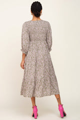 Olive Floral Smocked 3/4 Sleeve Midi Dress