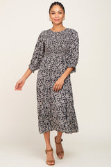 Black Floral Smocked 3/4 Sleeve Midi Dress