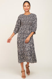 Black Floral Smocked 3/4 Sleeve Midi Dress