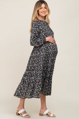 Black Floral Button Front Long Sleeve Tiered Maternity Midi Dress