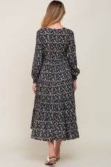 Black Floral Button Front Long Sleeve Tiered Maternity Midi Dress