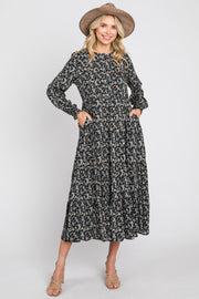 Black Floral Button Front Long Sleeve Tiered Midi Dress