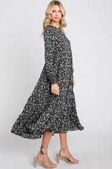 Black Floral Button Front Long Sleeve Tiered Midi Dress