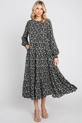 Black Floral Button Front Long Sleeve Tiered Midi Dress