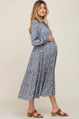 Blue Floral Button Front Long Sleeve Tiered Maternity Midi Dress