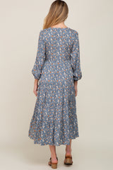 Blue Floral Button Front Long Sleeve Tiered Maternity Midi Dress