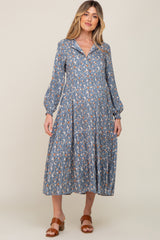 Blue Floral Button Front Long Sleeve Tiered Maternity Midi Dress