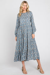 Blue Floral Button Front Long Sleeve Tiered Maternity Midi Dress