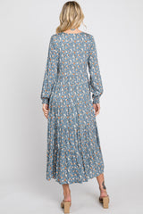 Blue Floral Button Front Long Sleeve Tiered Midi Dress