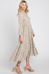 Beige Floral Button Front Long Sleeve Tiered Midi Dress