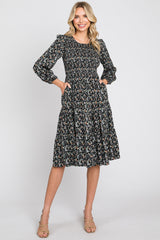 Black Floral Smocked 3/4 Sleeve Tiered Midi Dress