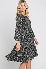 Black Floral Smocked 3/4 Sleeve Tiered Midi Dress