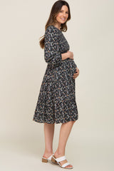 Black Floral Smocked 3/4 Sleeve Tiered Maternity Midi Dress