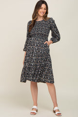 Black Floral Smocked 3/4 Sleeve Tiered Maternity Midi Dress