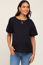 Black Heather Puff Sleeve Maternity Top