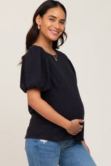 Black Heather Puff Sleeve Maternity Top