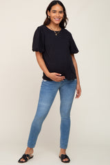 Black Heather Puff Sleeve Maternity Top