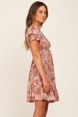 Rust Printed Smocked V-Neck Dress