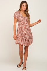 Rust Printed Smocked V-Neck Dress