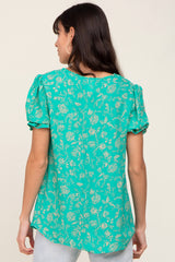 Green Floral Short Ruffle Sleeve Top