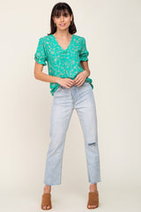 Green Floral Short Ruffle Sleeve Top