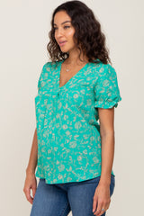 Green Floral Short Ruffle Sleeve Maternity Top