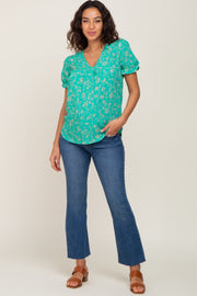 Green Floral Short Ruffle Sleeve Maternity Top