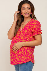 Fuchsia Floral Short Ruffle Sleeve Maternity Top