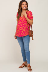 Fuchsia Floral Short Ruffle Sleeve Maternity Top