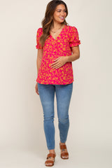 Fuchsia Floral Short Ruffle Sleeve Maternity Top