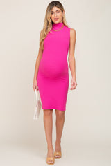 Fuchsia Ribbed Mock Neck Ruched Sides Maternity Dress