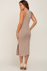 Taupe Ribbed Sleeveless Side Slit Maternity Midi Dress