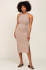 Taupe Ribbed Sleeveless Side Slit Midi Dress