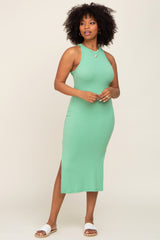 Green Ribbed Sleeveless Side Slit Midi Dress