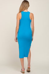 Blue Ribbed Sleeveless Side Slit Maternity Midi Dress