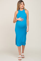 Blue Ribbed Sleeveless Side Slit Maternity Midi Dress