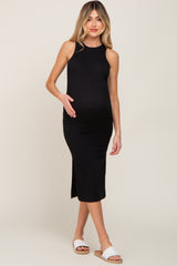 Black Ribbed Sleeveless Side Slit Maternity Midi Dress