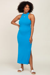 Blue Ribbed Side Slit Maternity Maxi Dress