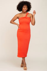 Orange Twist Front One Shoulder Midi Dress